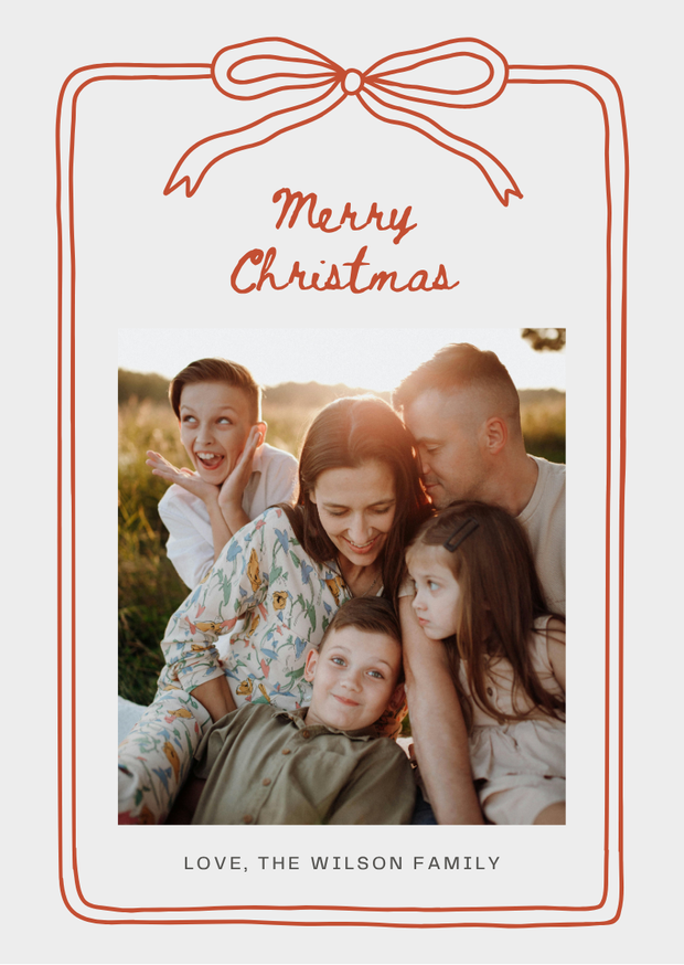 Red Cream Hand Drawn Photo Bow Frame Family Christmas Card