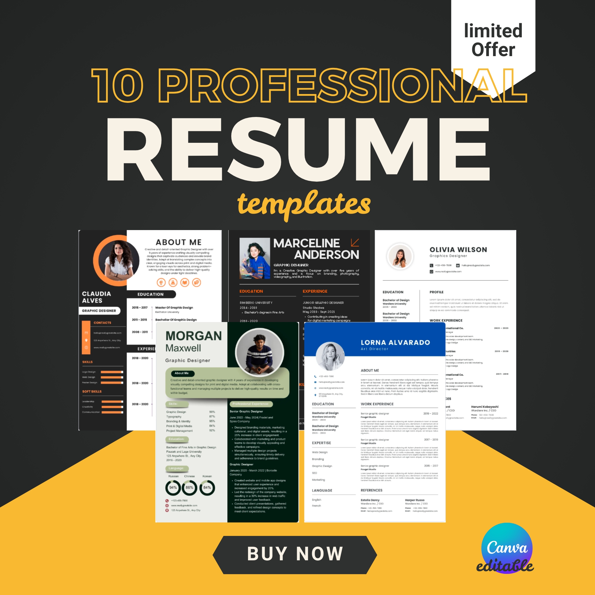 10 Editable Resume Templates 10 Modern Resume Templates Bundle | Editable Canva CV Pack for Job Seekers | Professional, ATS-Friendly Resume Kit 2025