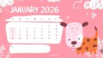 2026 Printable Calendar | Pink and Brown Playful Dogs 2026 Calendar – Editable Canva Template | Playful Dogs 2026 Calendar