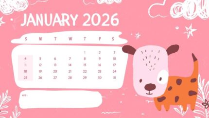 2026 Printable Calendar | Pink and Brown Playful Dogs 2026 Calendar – Editable Canva Template | Playful Dogs 2026 Calendar
