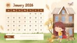 2026 Printable Calendar | Brown Red Watercolor Cartoon Illustration Calendar 2026 – Editable Canva Template | Watercolor Cartoon 2026 Printable Calendar