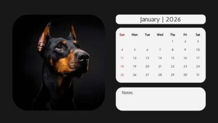 2026 Printable Calendar | Black and White Photo Dog Year 2026 Calendar – Editable Template