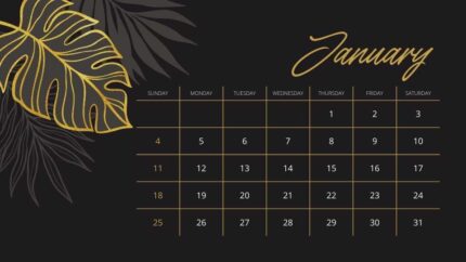 2026 Printable Calendar | Black Luxury Gold Tropical Palm Leaves 2026 Year Monthly Calendar