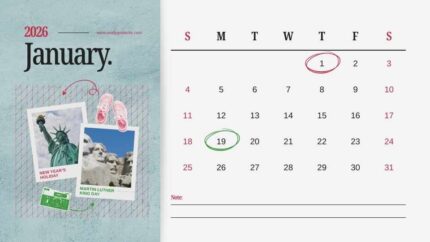 2026 Printable Calendar | Blue Red Polaroid Photo 2026 Calendar