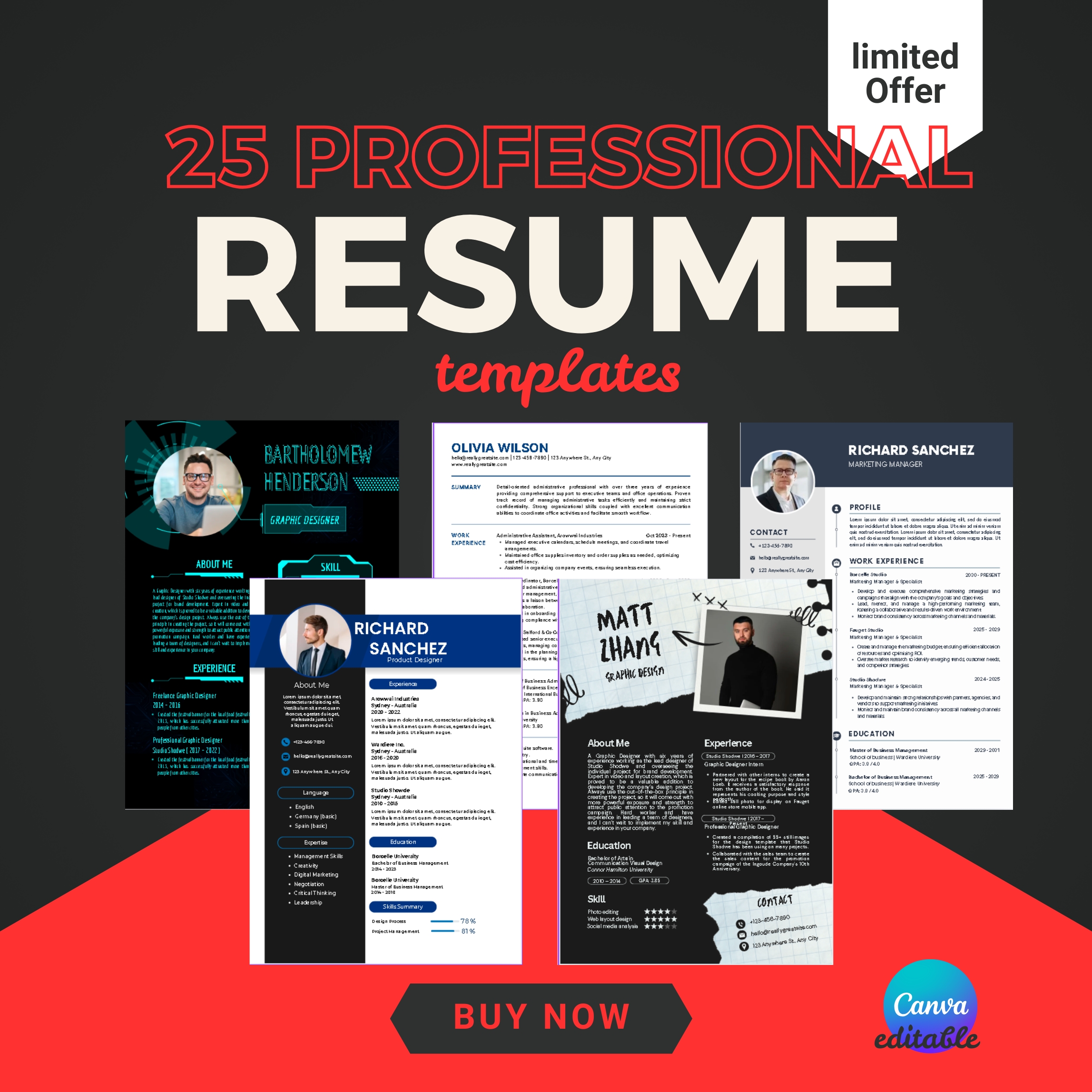 25 Editable Resume Templates 25 Professional Resume Templates Bundle | Editable Modern CVs | Canva Resume Kit for Job Seekers | Instant Download