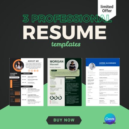 Professional Resume Templates Bundle (3 Pack) | Editable Modern CVs | Canva Resume Kit for Job Seekers | Instant Download