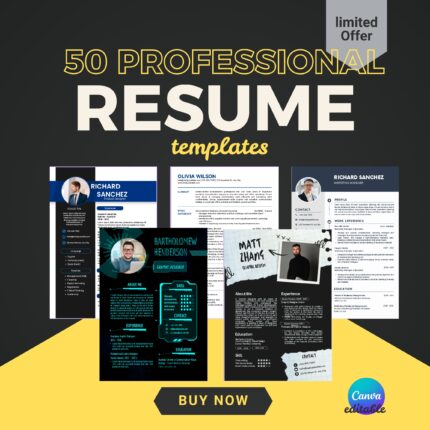 50 Professional Resume Templates Mega Bundle | Editable Modern Canva CV Templates | Job-Winning Resume Kit for Career Success 2025