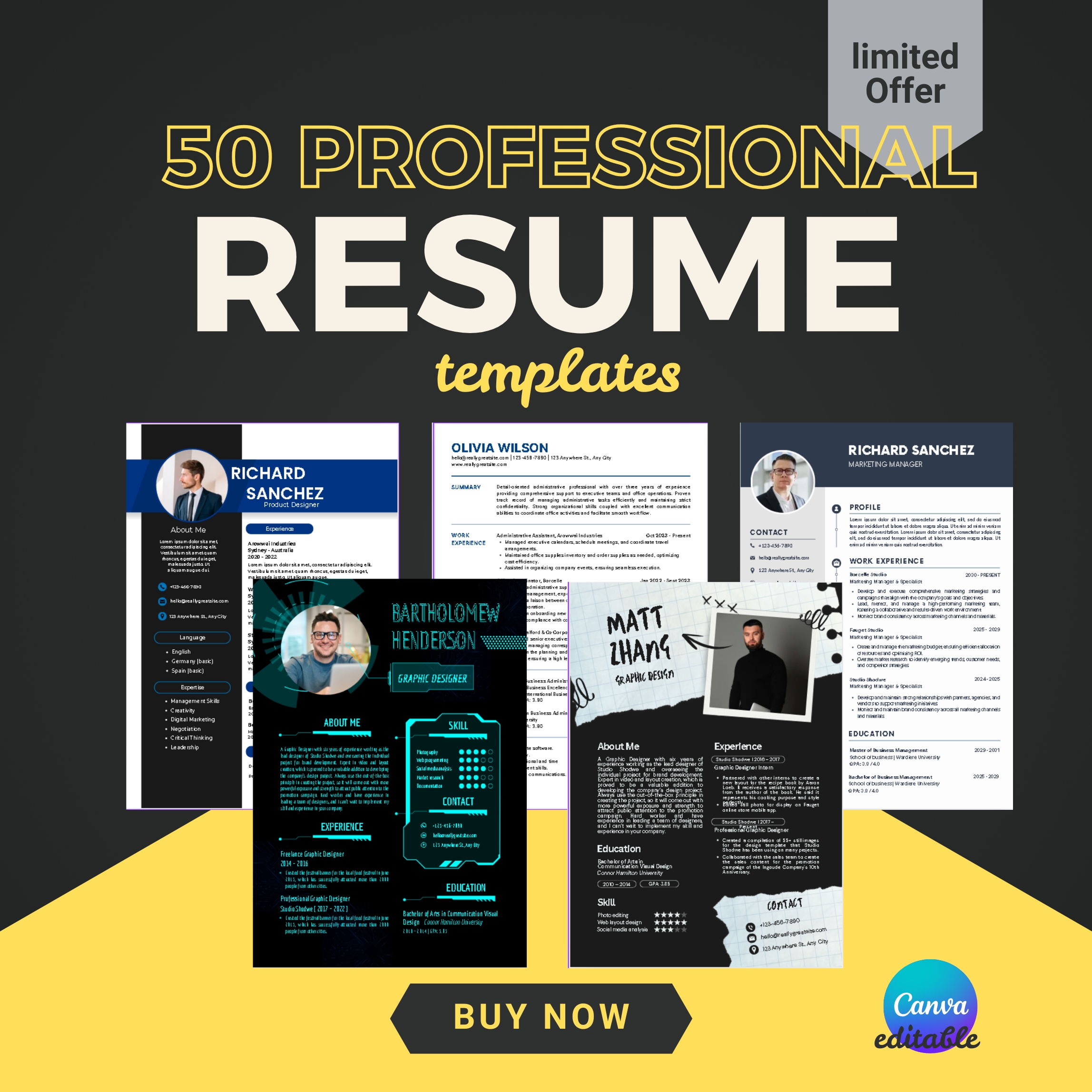 50 Editable Resume Templates 50 Professional Resume Templates Mega Bundle | Editable Modern Canva CV Templates | Job-Winning Resume Kit for Career Success 2025