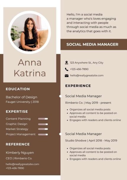 Beige Simple Social Media Manager Resume – Editable Canva Template | Modern ATS-Friendly CV