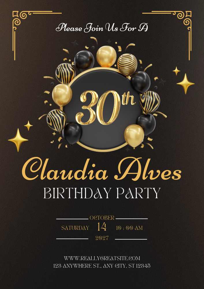 Black Gold Luxury Birthday Party Invitation Document (A4) Black Gold Luxury Birthday Party Personalized Invitation Card | Editable Canva Template
