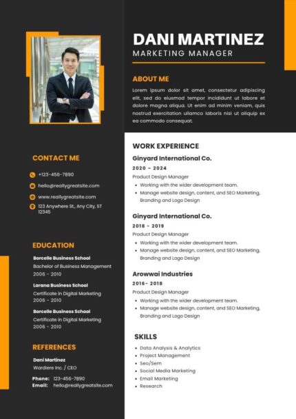 Black and Orange Modern Resume A3 | Editable Template | ATS Friendly Professional Canva CV