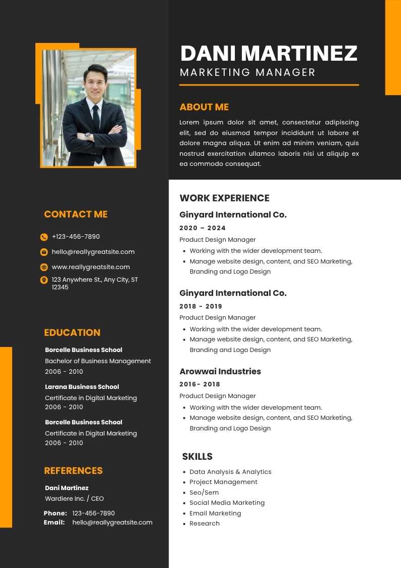 Black and Orange Modern Resume A3 Black and Orange Modern Resume A3 | Editable Template | ATS Friendly Professional Canva CV