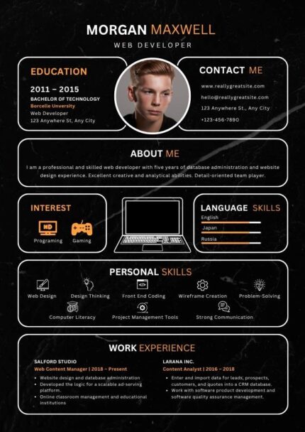 Black and White Modern Web Developer Resume – Editable Canva Template | ATS-Friendly Reverse-Chronological CV
