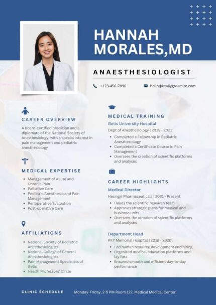 Blue Modern Anesthesiologist Doctor Resume – Professional Editable Canva Template | Clean ATS-Friendly Medical CV Design