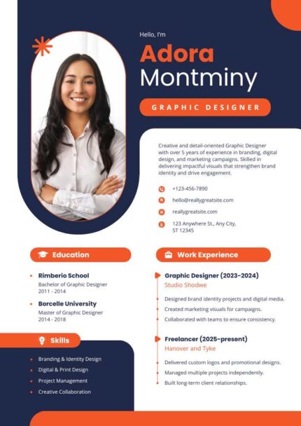 Blue & Orange Modern Graphic Designer CV Resume | Editable Canva Template | Professional & ATS Friendly