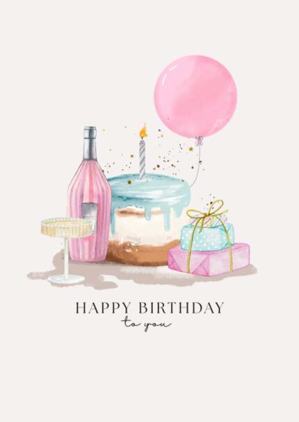Blue Pink and Brown Watercolor Happy Birthday Card