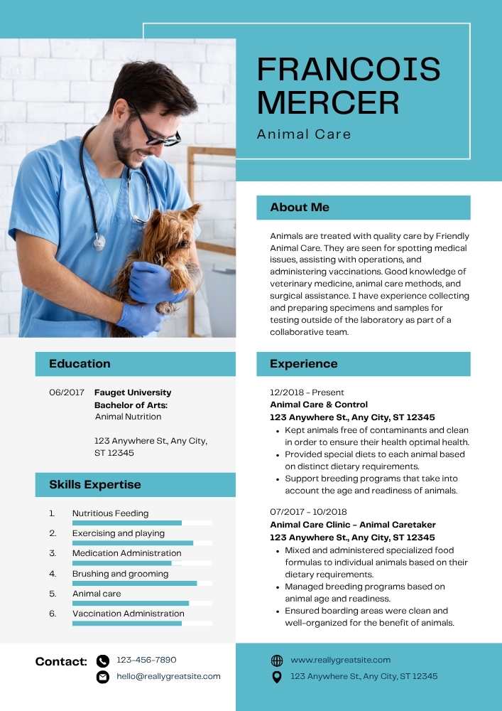 Blue and White Modern Animal Care Resume Blue and White Modern Animal Care Resume – Editable Canva Template | Professional Pet Care CV Design, ATS-Friendly Format