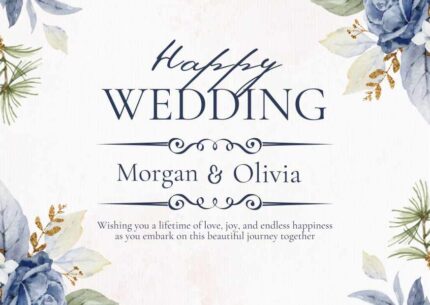 Blue and White Simple Floral Happy Wedding Card Landscape