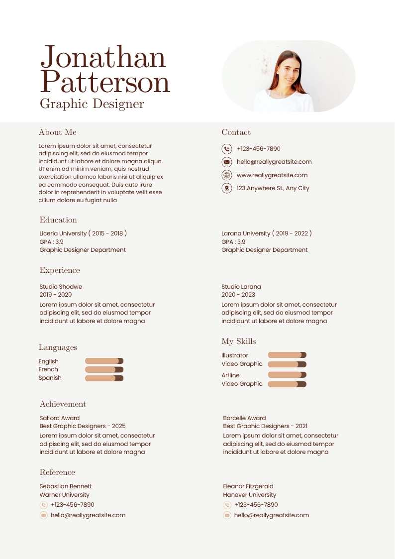 Brown White Minimalist Graphic Designer Resume A3 Portrait Brown White Minimalist Graphic Designer Resume A3 Portrait | Editable Canva Template | Professional & ATS Friendly