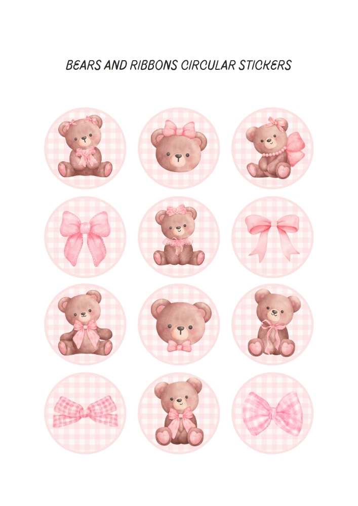 Brown and Pink Cute Bears And Ribbons Circular Stickers A4 Document Brown and Pink Cute Bears And Ribbons Circular Stickers A4 Document