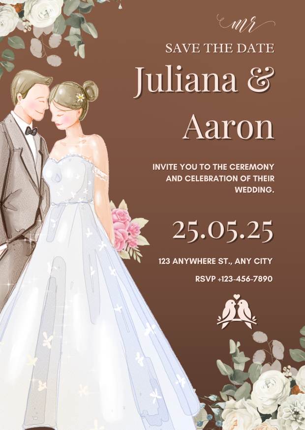 Brown and White Illustrative Wedding Invitation