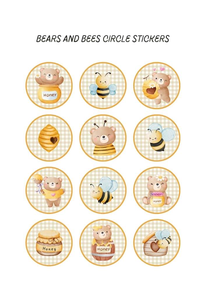 Brown and Yellow Cute Bears and Bees Circle Stickers A4 Document Brown and Yellow Cute Bears and Bees Circle Stickers A4 Document