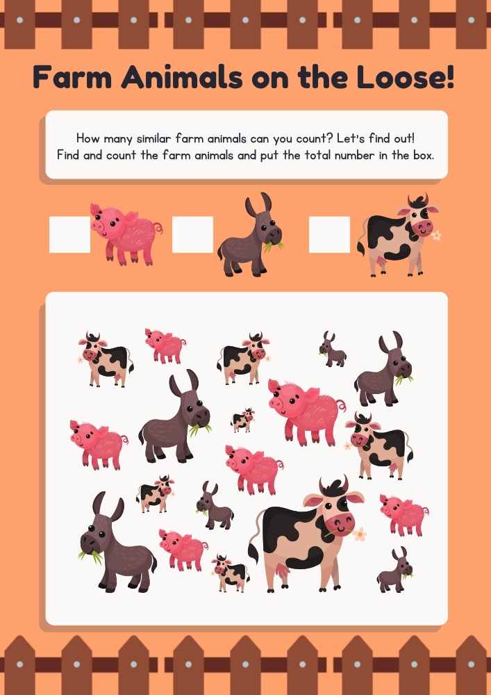 Counting Similarities Farm Animals Worksheet in Peach and Brown Illustrative Style Counting Similarities Farm Animals Worksheet in Peach and Brown Illustrative Style