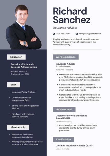Dark Blue Modern Insurance Advisor Resume – Professional Editable Canva Template | ATS-Friendly Corporate CV Design