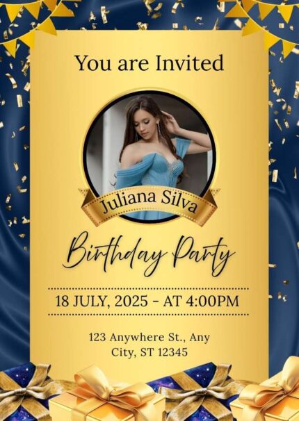 Gold and Blue Modern Birthday Party Invitation | Personalized Card | Editable Canva Template