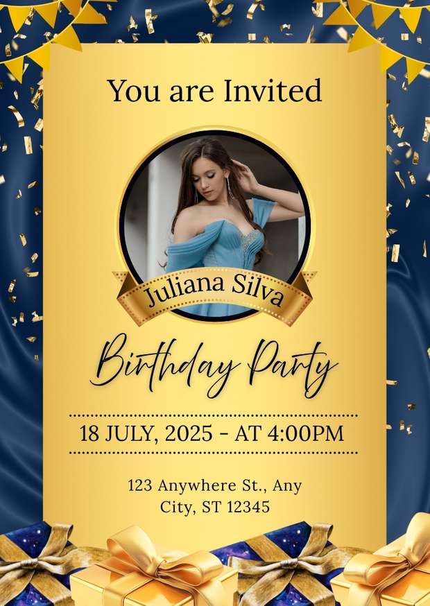 Gold and Blue Modern Birthday Party Invitation Gold and Blue Modern Birthday Party Invitation | Personalized Card | Editable Canva Template
