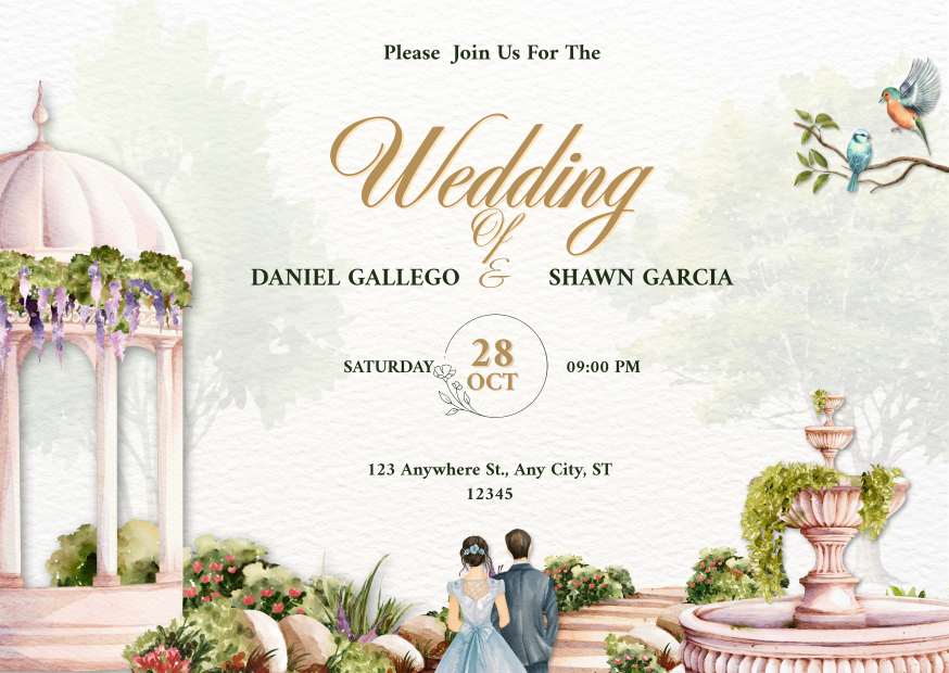 Gold and White Illustrated Wedding Card