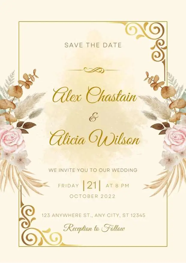 Golden Floral Wedding Card