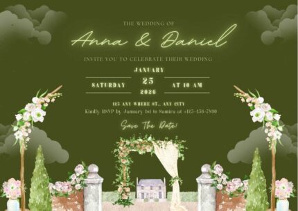 Green and White Illustrated Wedding Save The Date Card
