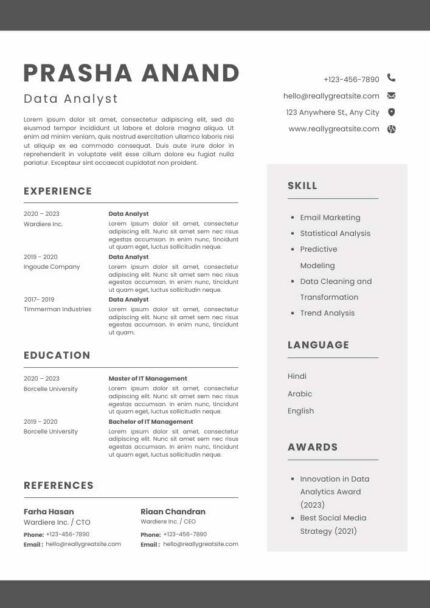Grey and White Clean Professional A4 Resume – Editable Canva Template | Modern Reverse-Chronological ATS-Friendly CV