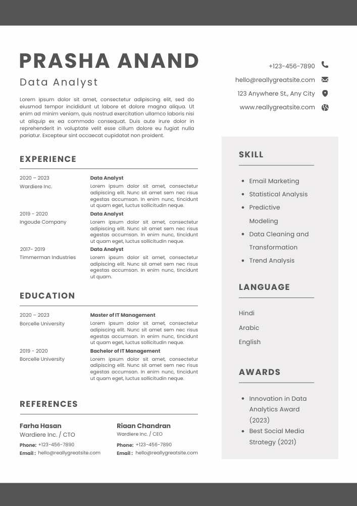 Grey and White Clean Professional A4 Resume Grey and White Clean Professional A4 Resume – Editable Canva Template | Modern Reverse-Chronological ATS-Friendly CV