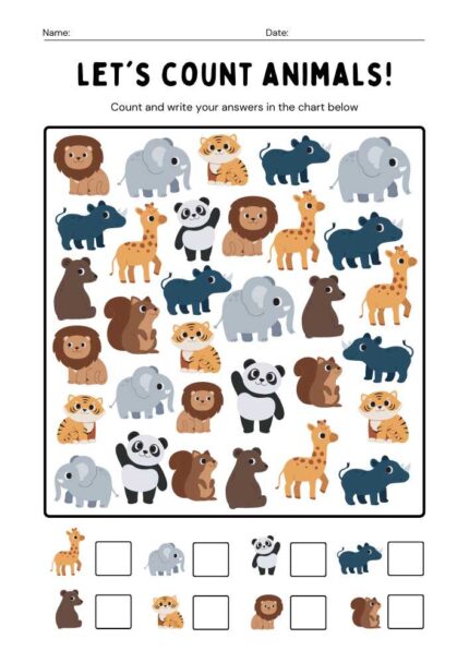 Let's Count Animals Worksheet In Colorful Illustrative Style