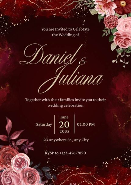 Maroon and Beige Illustrative Florist Elegant Wedding Invitation