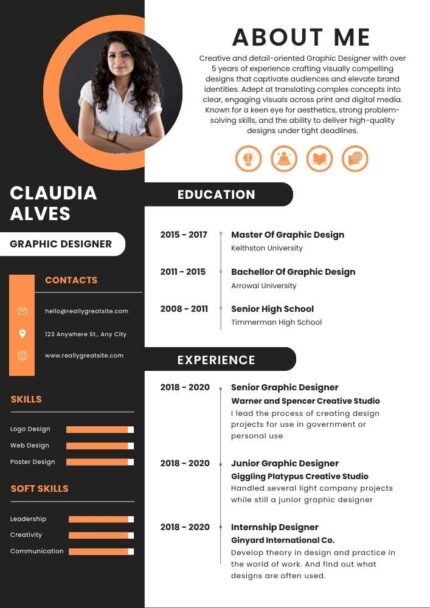 Orange and Black Modern Graphic Designer Resume | Editable Template | ATS Friendly Professional Canva CV