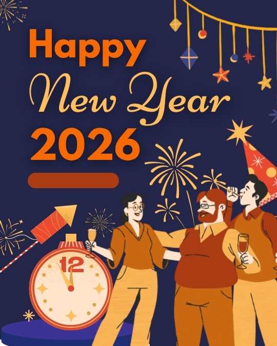 Orange and Blue Illustrated Happy New Year 2026 Instagram Post
