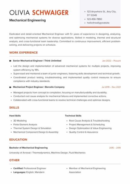 Orange and White Modern Professional Engineering Resume | Editable Template | ATS Optimized Canva CV