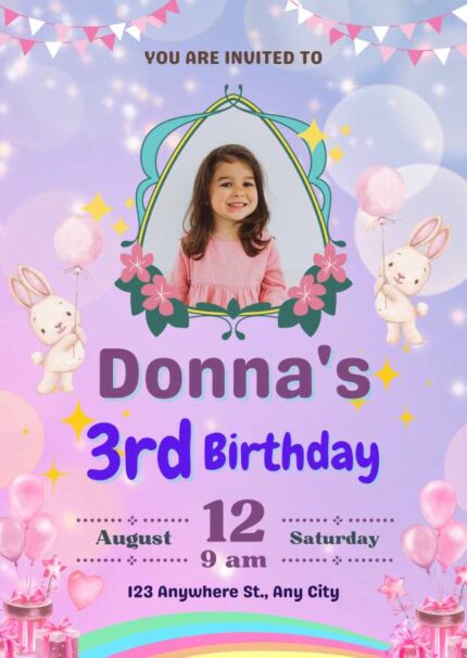 Pink Purple Cute Magical Birthday Party Invitation Editable Template