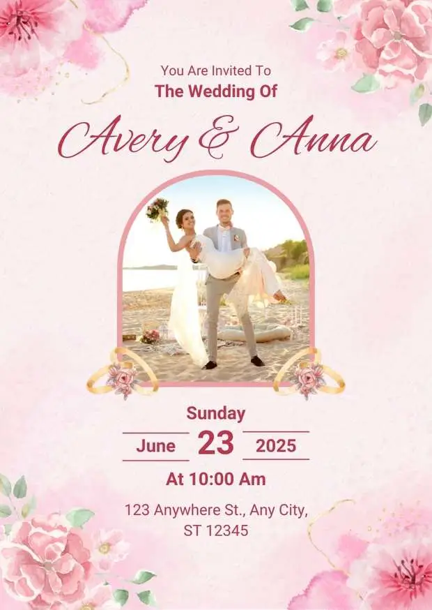 Pink Watercolor Floral Wedding Invitation Card