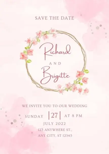 Pink Wedding Invitation Card Minimalist Watercolor and Floral