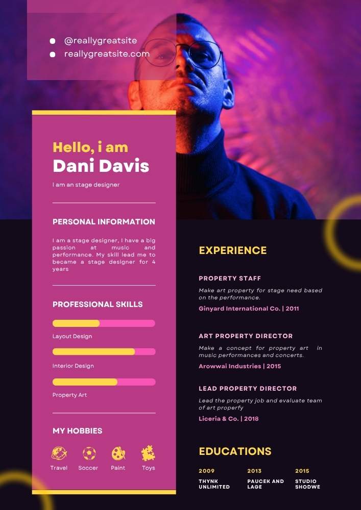 Pink Yellow Black Bold Stage Designer Resume Pink Yellow Black Bold Stage Designer Resume | Editable Template | ATS Friendly Professional Canva CV