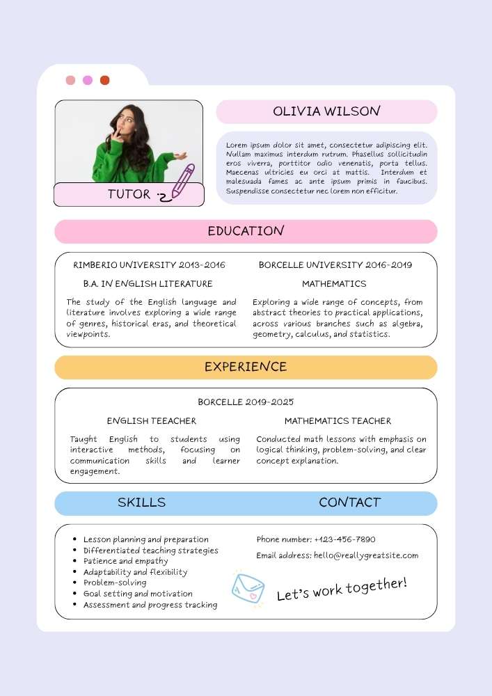 Pink Yellow Blue Playful Modern Tutor Resume Pink Yellow Blue Playful Modern Tutor Resume | Editable Template | Creative ATS Friendly CV