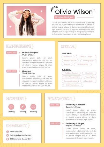 Pink Yellow Playful Graphic Designer Resume – Editable Canva Template | Modern Creative ATS-Friendly CV