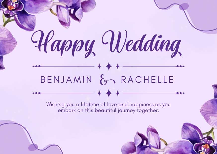 Purple and White Simple Floral Happy Wedding Card Landscape