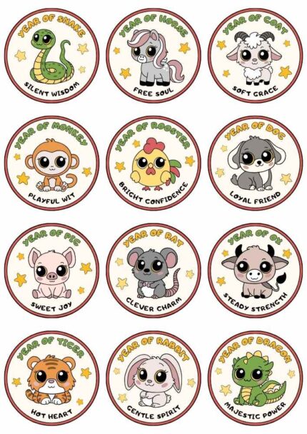 Red Yellow Illustrated Zodiac Sign Chinese New Year Stickers Tags Document