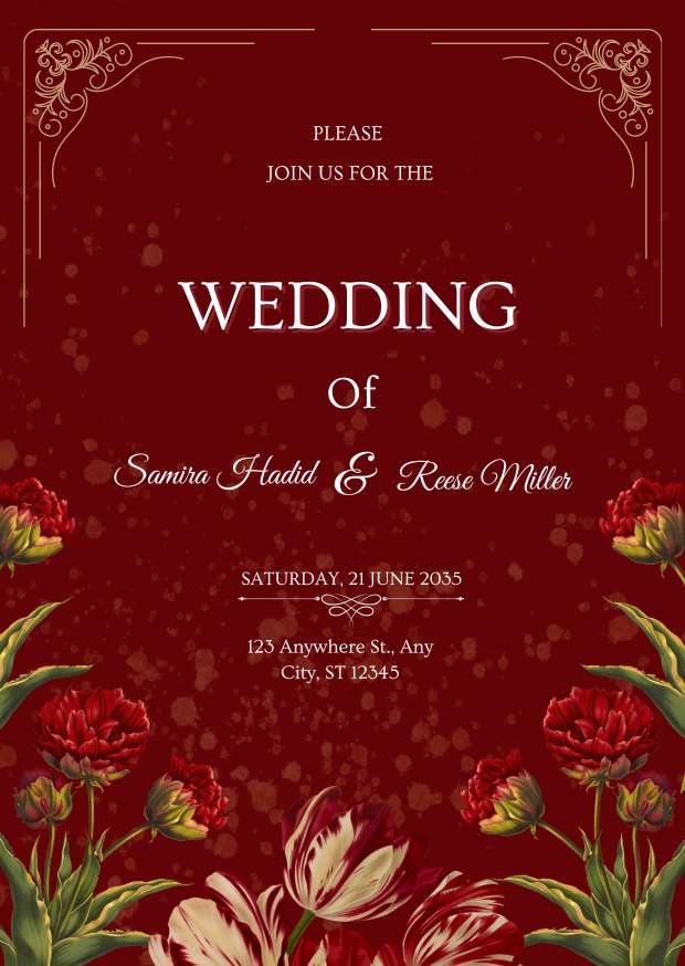 Red and White Floral Traditional Wedding Invitation