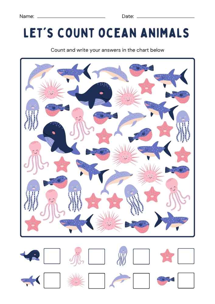 White Colorful Let's Count Ocean Animals Worksheet White Colorful Let's Count Ocean Animals Worksheet